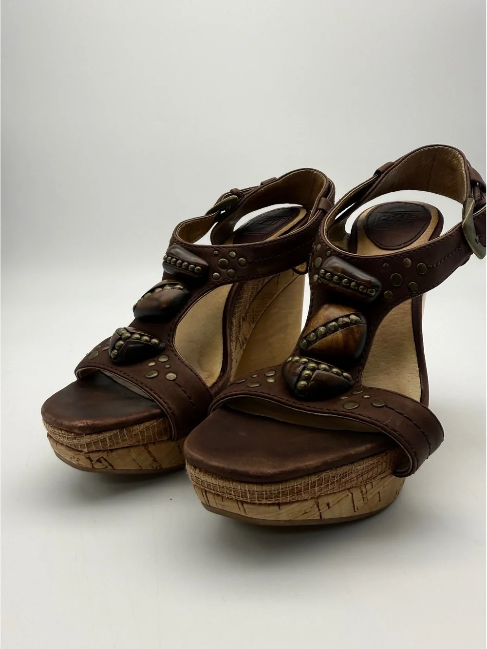 Frye Bridget Ornament Womens Tan Leather Wedge Sandals Platform Size 6